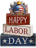 Moucuny 4 Pcs Labor Day Red White Blue Wooden Block Signs Table Decor