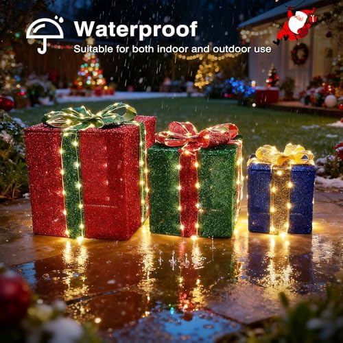 Set of 3 Christmas Lighted Gift Boxes - Warm White 160 LEDs Outdoor Decor