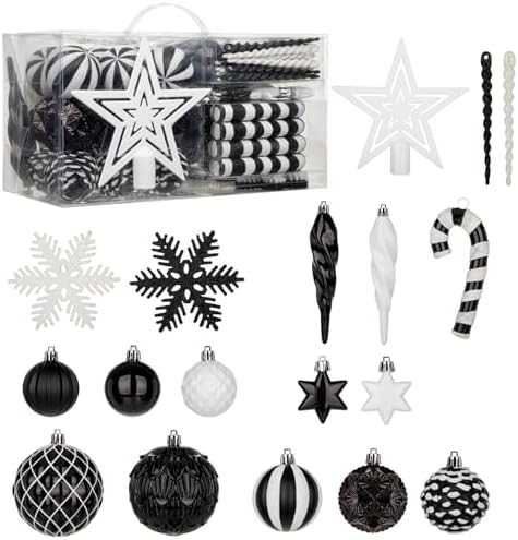 Briful 80ct Black & White Christmas Balls Ornament Set, Plastic Shatterproof Christmas Ornament Balls with Tree Topper Candy Canes Snowflakes for Xmas Tree Wreath Garland Decor