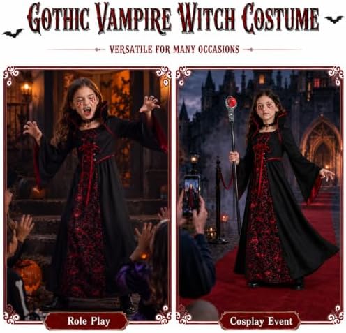 5Pcs Vampire Costume Vampiress Dress Cosplay Outfit for Girls 3-12 Years