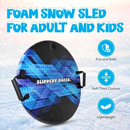 Slippery Racer Downhill Zeus Adults and Kids Foam Saucer Disc 1 Rider Snow Sled Toboggan with Handles, Midnight Hologram