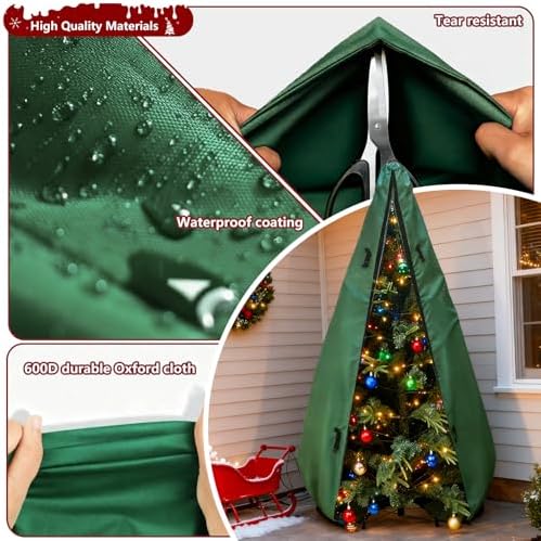 Upright Christmas Tree Storage Bag 9Ft,Christmas Tree Covers for Upright Storage for 8 Foot /9 Foot Artificial Christmas Trees with Ornaments,Equipped with Patented Support Rod Technology-Green