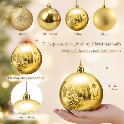 Jenaai 12 Pcs Gold Christmas Ball Ornaments 3.15Inch Plastic Hanging Bauble