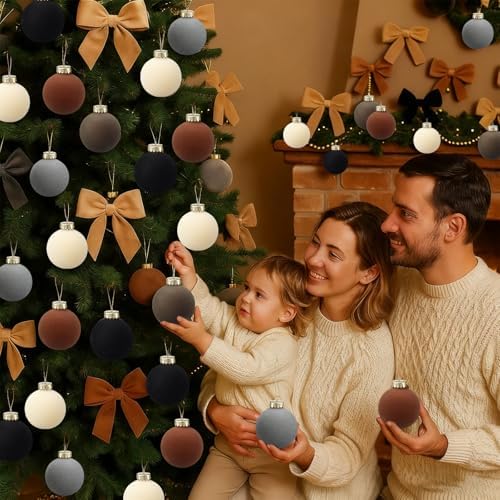 Gemscream 30 Pcs Velvet Christmas Balls, 3.15" Flocked Blue Ornaments,Brown