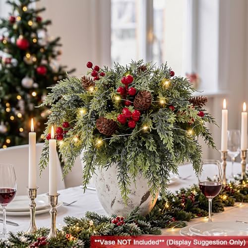24 Piece Set: 12Pcs Christmas Cedar Branches with LED Lights, Red Berries