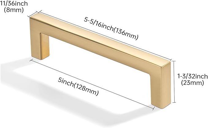 khtumeware 2 Pack 5 inch(128mm) Hole Center Brushed Gold Cabinet Pulls Solid Heavy-Duty Square Matte Gold Cabinet Handles Drawer Pulls Kitchen Cabinet Hardware Kitchen Handle