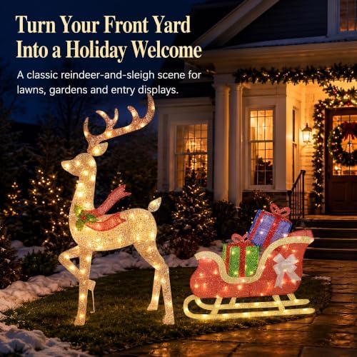 43 ‌"‌ 2.5D Lighted Christmas Reindeer with Sleigh Outdoor Decorations, Deer Pulling Gift Sled with 100 Warm White Lights, Stakes and Zip Ties for Yard Lawn Porch Garden Holiday Decor