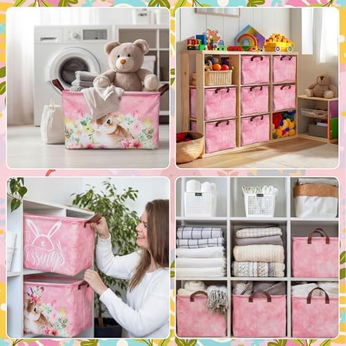 CHENGU 6 Pack Easter Storage Bin Collapsible Cute Easter Basket for Gift Large Pink Bunny Eggs Holiday Decor Rabbit Hunny Bunny Basket Foldable Farmhouse Flower Box with Handle for Bedroom Office Home