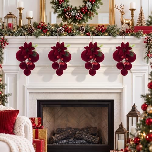 Thenshop 4 Pcs 12" Christmas Ball Ornament for Xmas Tree,Burgundy