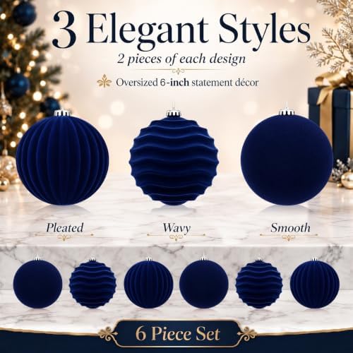 Hollowfly 6 pcs 6 Inch Navy Blue Large Velvet Christmas Balls Ornaments