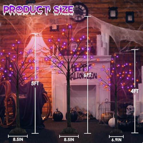 Set of 3, 4ft 5ft 6ft Lighted Black Halloween Tree with Orange Purple Light