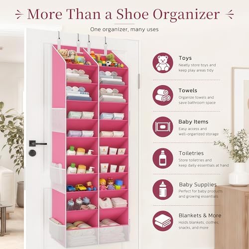 Criusia Over the Door Shoe Organizer, 20-30 Pairs Heavy-Duty Hanging Shoe Storage with Large Pockets, 10-Tier Door Shoe Rack with 4 Hooks for Sneakers Sandals Heels Boots (Pink)