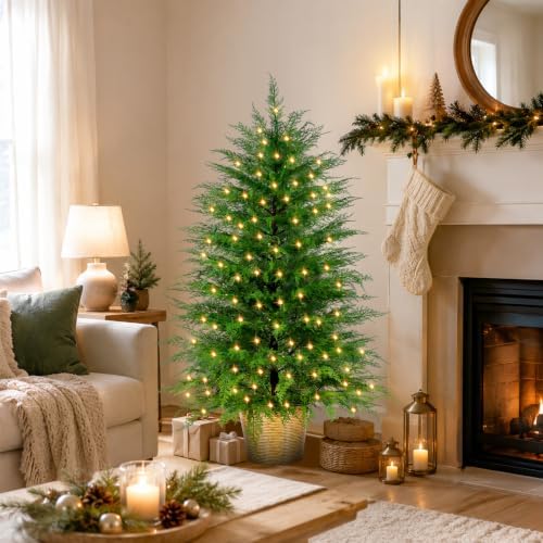 ENVEN 4FT Prelit Artificial Cedar Christmas Tree with Lights Plug in Power, Faux Cedar Potted Christmas Tree in Decorative Wicker Basket, Realistic Indoor Outdoor Holiday Decoration
