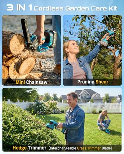SEESII 4-in-1 Electric Mini Chainsaw, Battery Hedge Trimmer & Pruner Combo