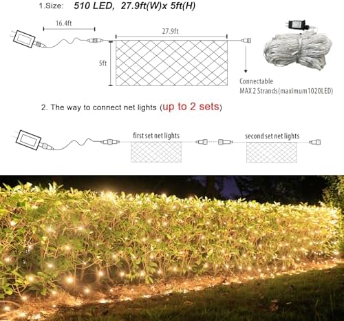 510 LED Christmas Net Lights, 28ft x 5ft Mesh Lights Outdoor Clear Wire 8 modes, Waterproof Connectable String Lights Plug in for Xmas Tree Bushes Garden Holiday Party Decorations - Warm White