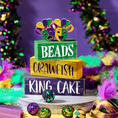 Moucuny 4 Pcs Mardi Gras Wooden Block Signs Farmhouse Table Decoration