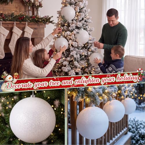 Zubebe 8 Inch 4 Pack Glitter White Christmas Ball Ornaments, Plastic Hanging Ornaments for Tree Decorations, Large Hanging Holiday Baubles for Christmas Tree Winter Party Wedding Home Decor