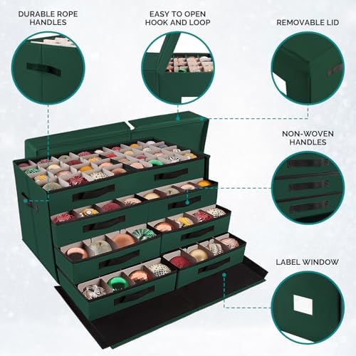 BlessedSeason Christmas Ornament Storage Box，Stackable 6 Drawer Organizers，Max 112 3" Christmas Dauble, Adjustable Christmas Ball Storage Container Bins, Green