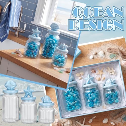 Mimorou 3 Set Beach Candy Glass Jars with Ceramic Lid 44oz 33oz 22oz Coastal Cookie Jar Airtight Glass Food Storage Container for Spring Summer Baby Shower Party Tea Snacks Sugar