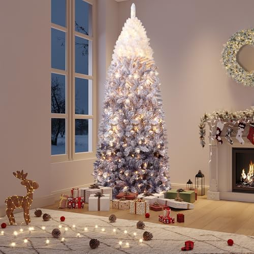 GarveeHome 6 ft Prelit Artificial Christmas Tree with RGB & Warm White Lights, Pre-Lit Snow Flocked Pencil Christmas Tree, Foldable Base,Holiday Decoration for Home, Office, Party,Purple Gradient