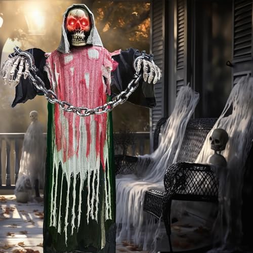 Halloween Decorations Outdoor, 6 Ft Large Animated Grim Reaper with Big Chain,Sound & Touch Activated with Creepy Sound - Scary Props House Decor for Garden Yard Lawn Indoor Decoration Animatronics