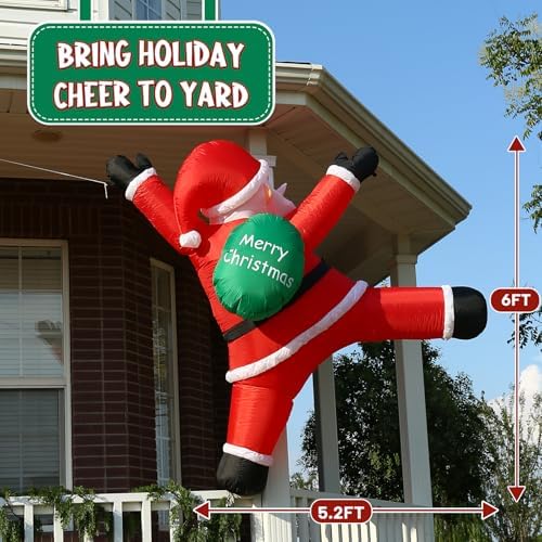6FT Hanging Santa Inflatable from Roof with LED Lights for Yard