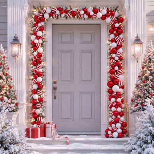 Sosation 29.5Ft Christmas Ball Ornament Garland, Red White, Glossy Matte