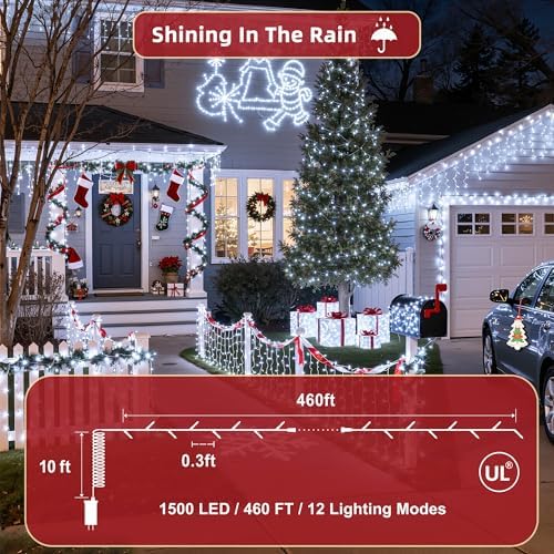 470FT Christmas Lights Outdoor, 1500 LED Christmas Tree Decoration Lights with 12 Modes & Timer Memory, Dimmable Plug In Waterproof LED Xmas Light for Yard Trees Wedding Party Holiday Cool White