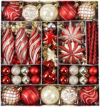 82Pcs Red and Gold Christmas Ornaments Set, Shatterproof Plastic Christmas Decorations for Tree Assorted Baubles Xmas Ball Ornaments for Holiday Party Decor (Red&Gold)