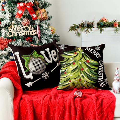 AVOIN colorlife Merry Christmas Let It Snow Love Snowman Black Throw Pillow Covers, 20 x 20 Inch Xmas Tree Holiday Cushion Case Decoration for Sofa Couch Set of 4