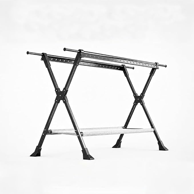 Telescopic Folding Floor Clothes Drying Rack, Thickened Steel Pipe, Household Balcony & Outdoor Clothes Hanging Rod with Drying Net (Medium Expandable)