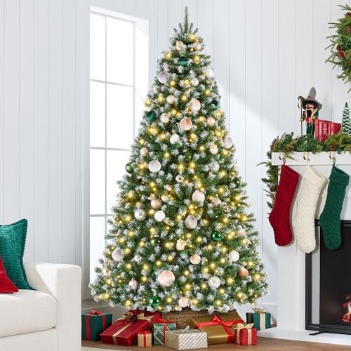 Best Choice Products Artificial Frosted Christmas Tree, 7.5ft Premium Pre-Lit Realistic Spruce Holiday Décor w/Dense Branches, Metal Base – Green Spruce