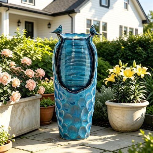 Autodaya 33" Vase Ceramic Outdoor Water Fountain with Lights and Birds