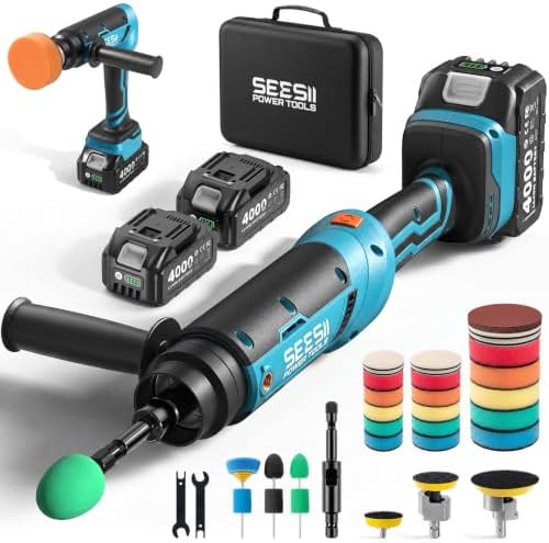 Seesii 21V Cordless Mini Car Polisher, 2-in-1 Dual Head Portable Polishing Machine with LCD 6 Speed & 2x4000mAh Batteries, Compatible with 1.5/2/3 Inch Replaceable Pads for Auto Detailing, Polishing