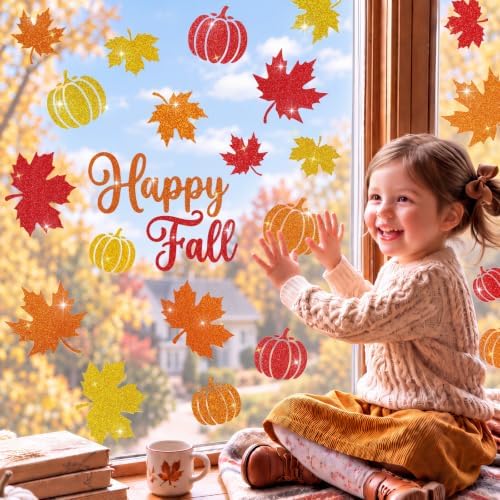 Glitter Fall Window Clings Autumn Thanksgiving Window Stickers Decals Decor