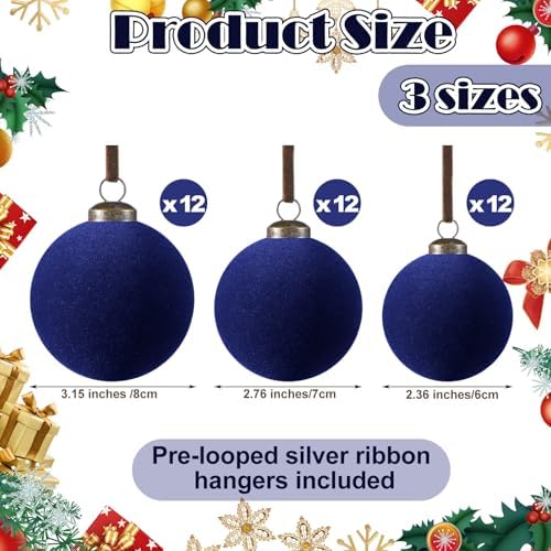 Foilswirl 36 Pcs Navy Blue Velvet Christmas Balls, 2.36", 2.76", 3.15"