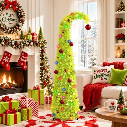 N&T NIETING Whimsical Pop Up Christmas Tree with Lights & 31 Balls, 5Ft Collapsible Tinsel Tree Decorations for Holiday Home Office Decor, Green