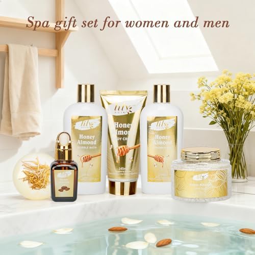 Honey Almond Spa Gifts for Mom - 7Pcs Moisturizing Spa Set for Women & Men