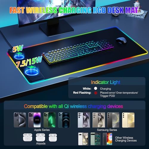 Wireless Charging RGB Mouse Pad with Phone Stand, Large Gaming Desk Mat