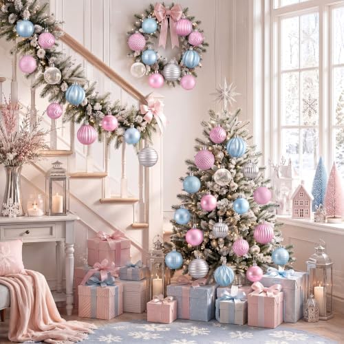 Lunmon 64 Pcs Pastel Christmas Ball Ornaments for Tree Pink Blue White Silver Xmas Bulbs Ornaments 1.6/1.97/2.4 Inch Macaron Candyland Baubles Shatterproof Christmas Decorations for Tree Home Wreath