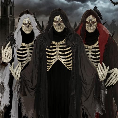 UNDERWRAPS Deluxe Hooded Cloak Grim Reaper Costume for Men, Includes Foam Skeleton Chest Plate, Mask & Oversized Hands