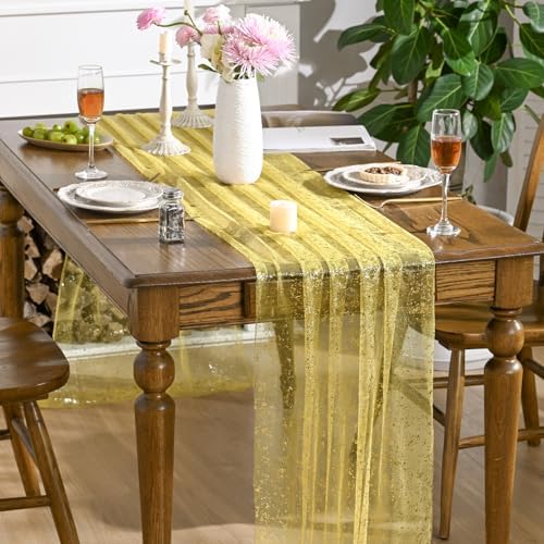 Artoid Mode Light Yellow Gold Gauze Table Runner 120 Inch 10FT, Glitter Metallic Foil Sheer Dining Wedding Anniversary Holiday Birthday Table Decor for Home Party