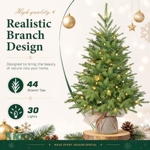 Alupssuc 2ft Prelit Artificial Small Christmas Tree with Warm White Lights