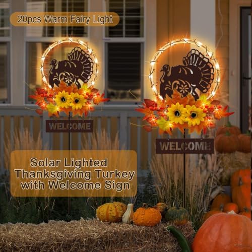 Thanksgiving Turkey with Welcome Sign,Solar Lights Outdoor Fall Decorations