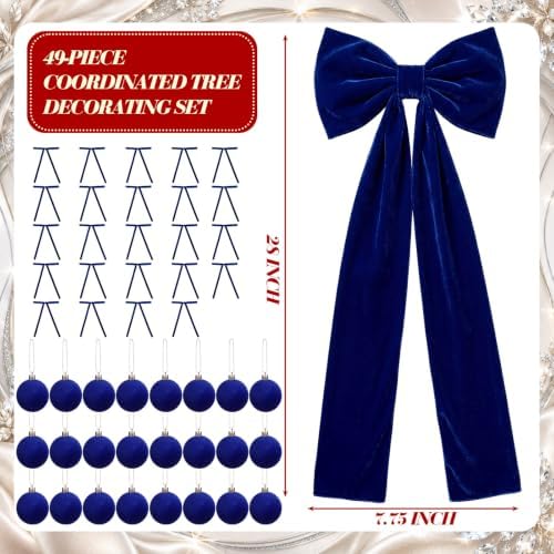 49 Pcs Royal Blue Christmas Tree Decoration Set with Velvet Bow Ball