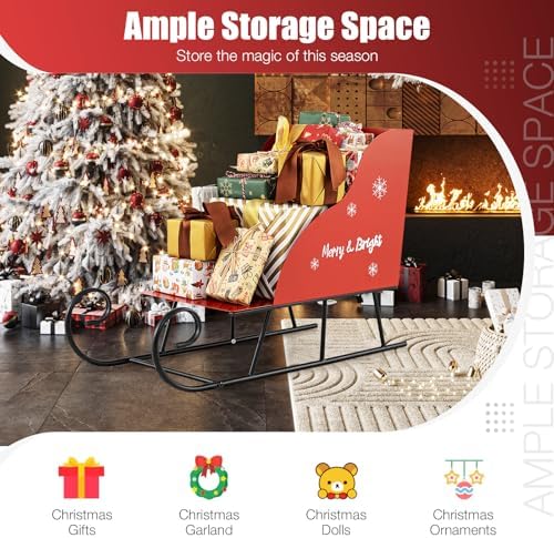 Tangkula Metal Christmas Santa Sleigh Basket, Xmas Santa’s Gift Storage Sleigh, Festive Decorative Sleigh Cart, Holiday Decoration for Home Office Carnival