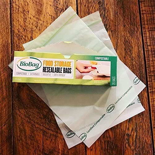 BioBag 100% Certified Compostable Resealable Food Storage Bags, 20 Count, Quart, Perfect for Refrigerator