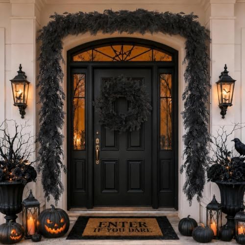 Halloween Garland 8.9FT Decorations Black Real Touch Cedar Cypress Pine Plant Artificial Halloween Garland for Mantle, Fireplace, Table, Stairs, Door, Porch, Indoor Outdoor Decorations, Black