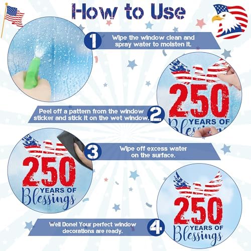 124 PCS 4th of July Window Clings, 9 Sheets 250th Anniversary Fourth of July Decorations, Red White Blue Independence Day Decor with USA Flags Eagles, Patriotic Window Clings for Home Parade