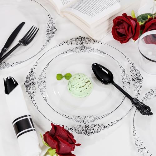 Hioasis 350 Pcs Clear Black Plates for Party